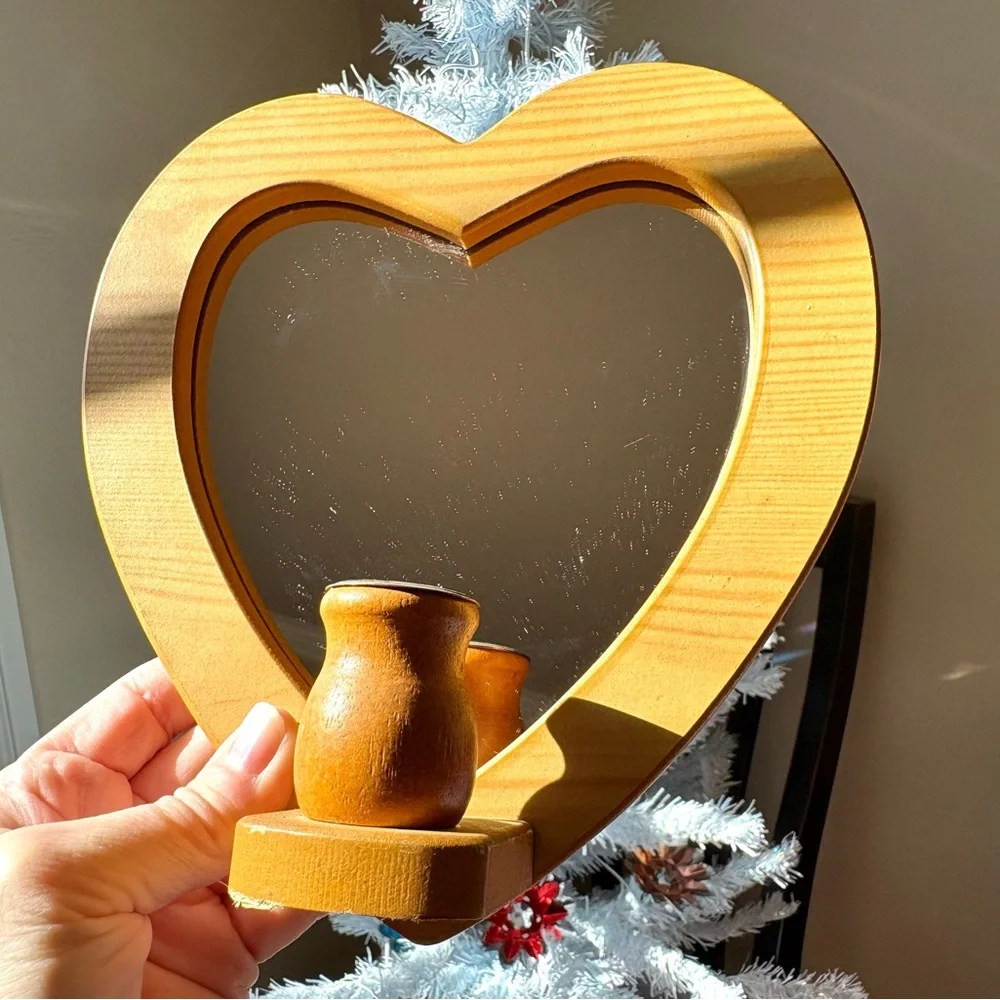 Heart-Shaped Wooden Wall Mirror with Candle Holder Sconce
